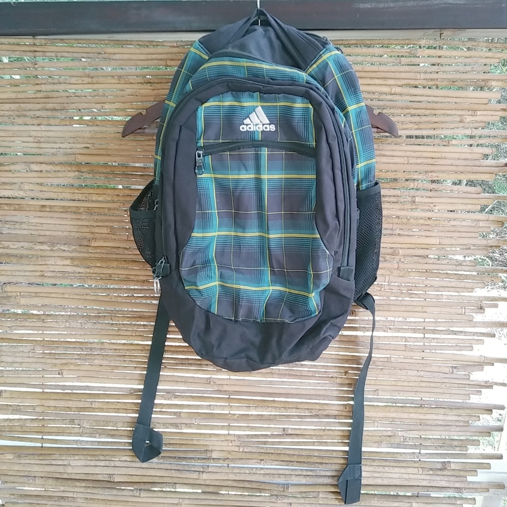 Adidas Black Green Plaid Large Backpack - Picture 1 of 11